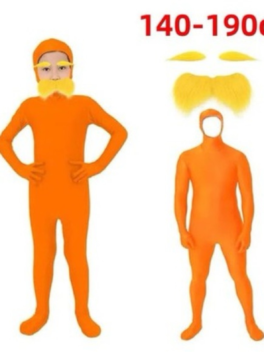 Kids Dr Seuss Lorax Orange Full-Body Costume with Yellow Mustache and Eyebrows